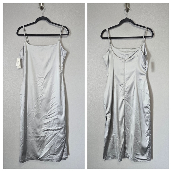 NWT Abercrombie & Fitch Stretch Satin Column Silver Midi Dress - Picture 2 of 7